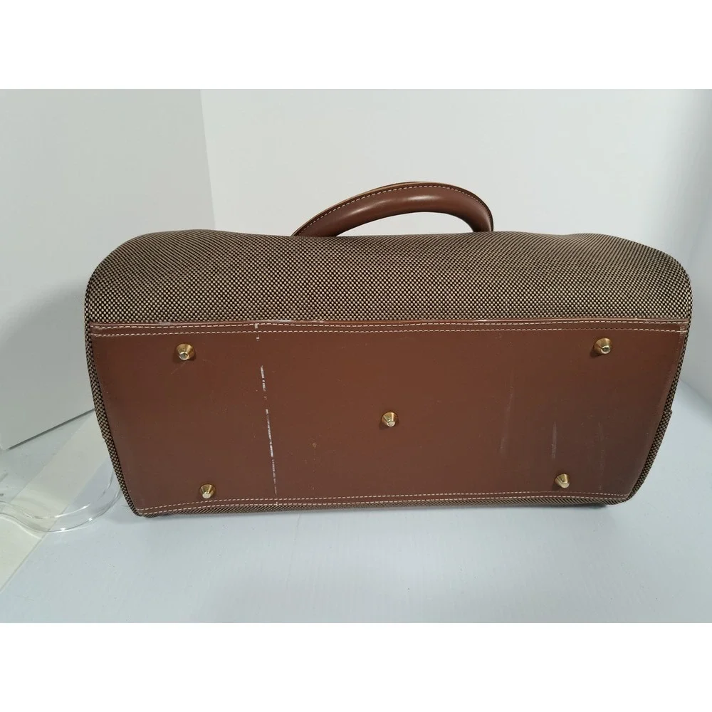 London Fog Brown Woven Satchel Bag Faux Leather Trim Gold Hardware Medium